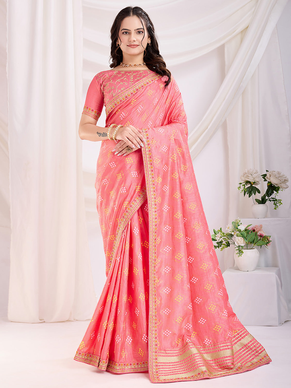 Adorable Coral Pink Bandhej Printed Silk Festive Wear Saree