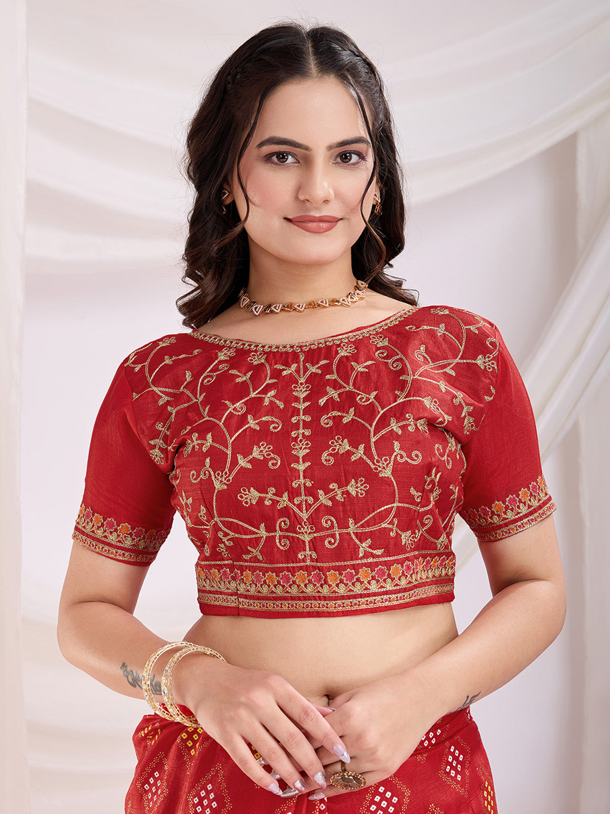 Spectacular Red Bandhej Printed Silk Bridal Wear Saree