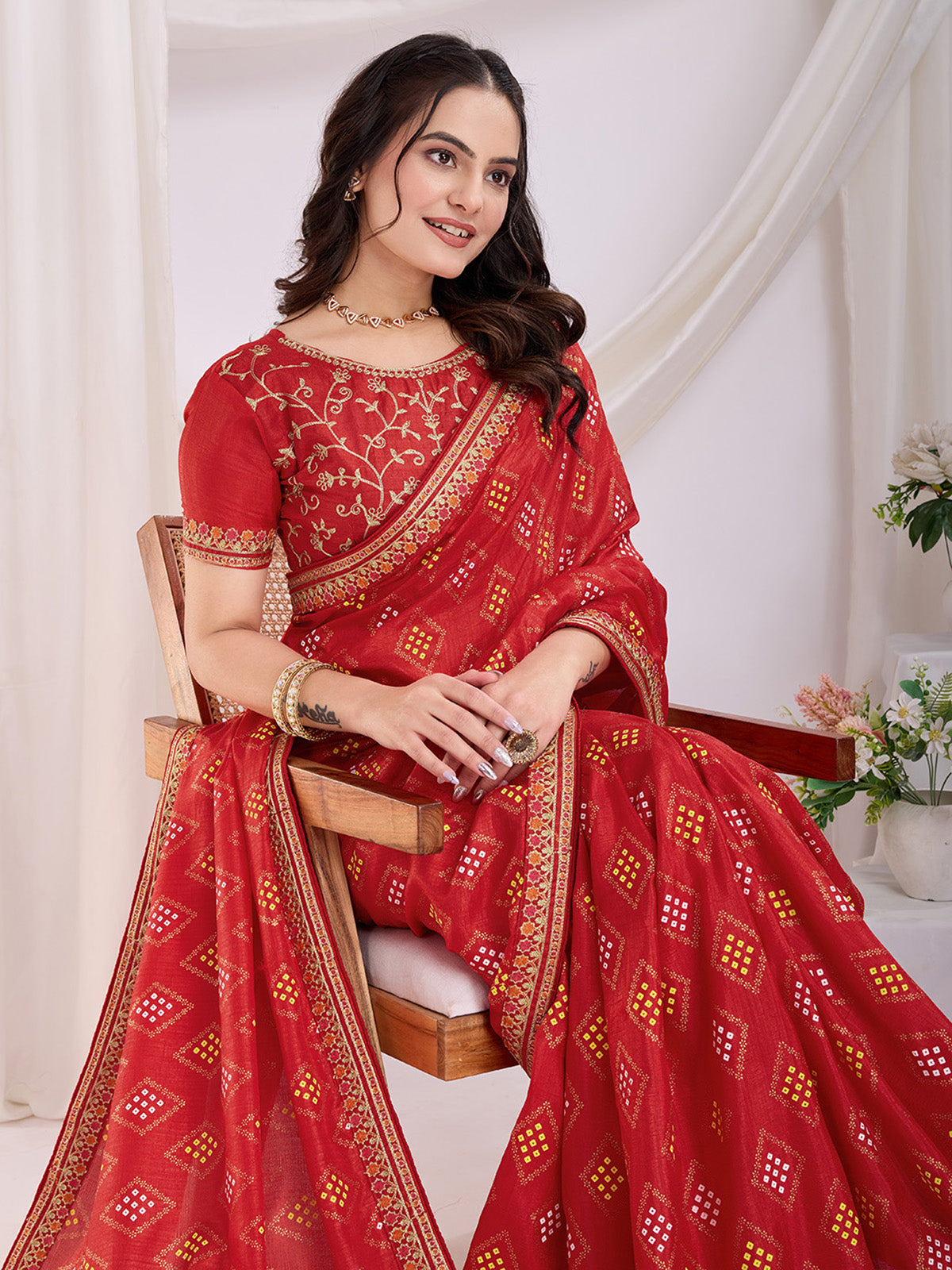 Spectacular Red Bandhej Printed Silk Bridal Wear Saree