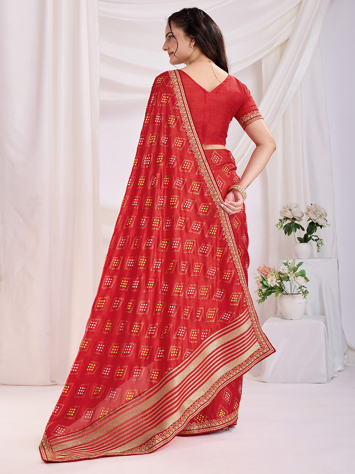 Spectacular Red Bandhej Printed Silk Bridal Wear Saree