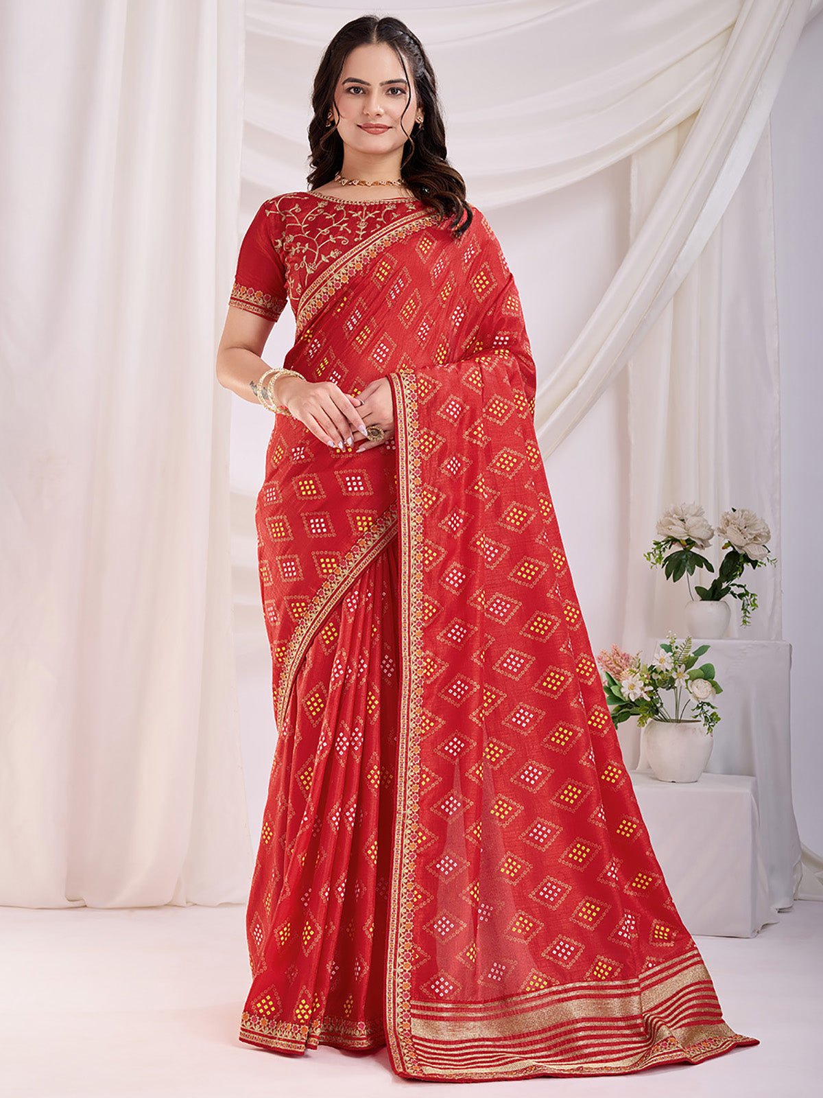 Spectacular Red Bandhej Printed Silk Bridal Wear Saree