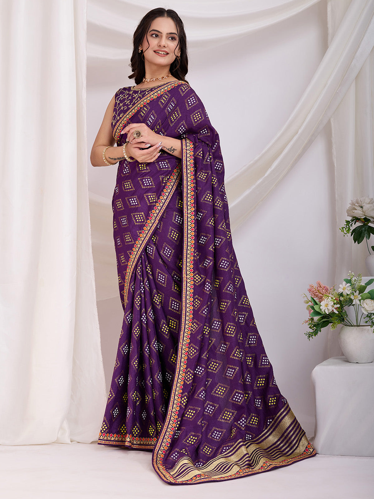 Sweet Purple Bandhej Printed Silk Event Wear Saree