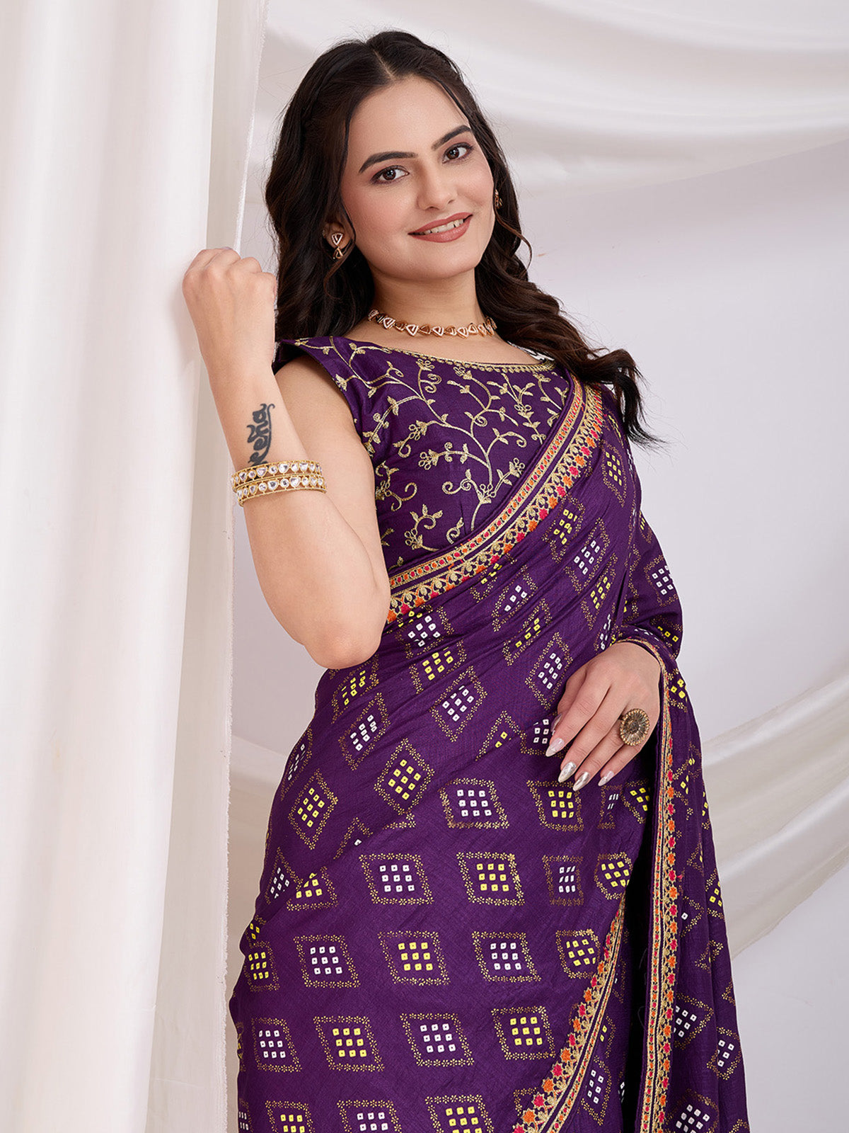 Sweet Purple Bandhej Printed Silk Event Wear Saree