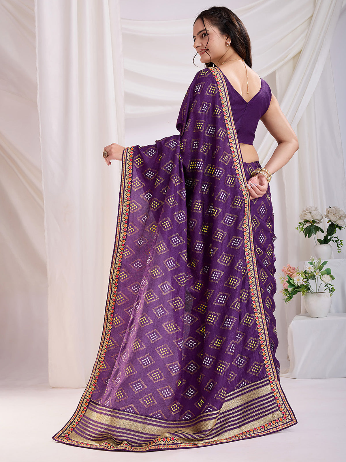 Sweet Purple Bandhej Printed Silk Event Wear Saree