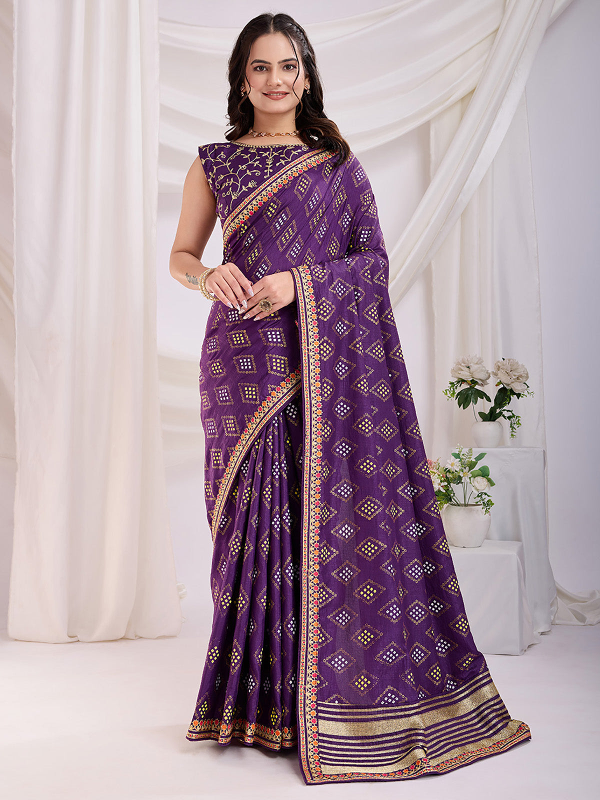 Sweet Purple Bandhej Printed Silk Event Wear Saree