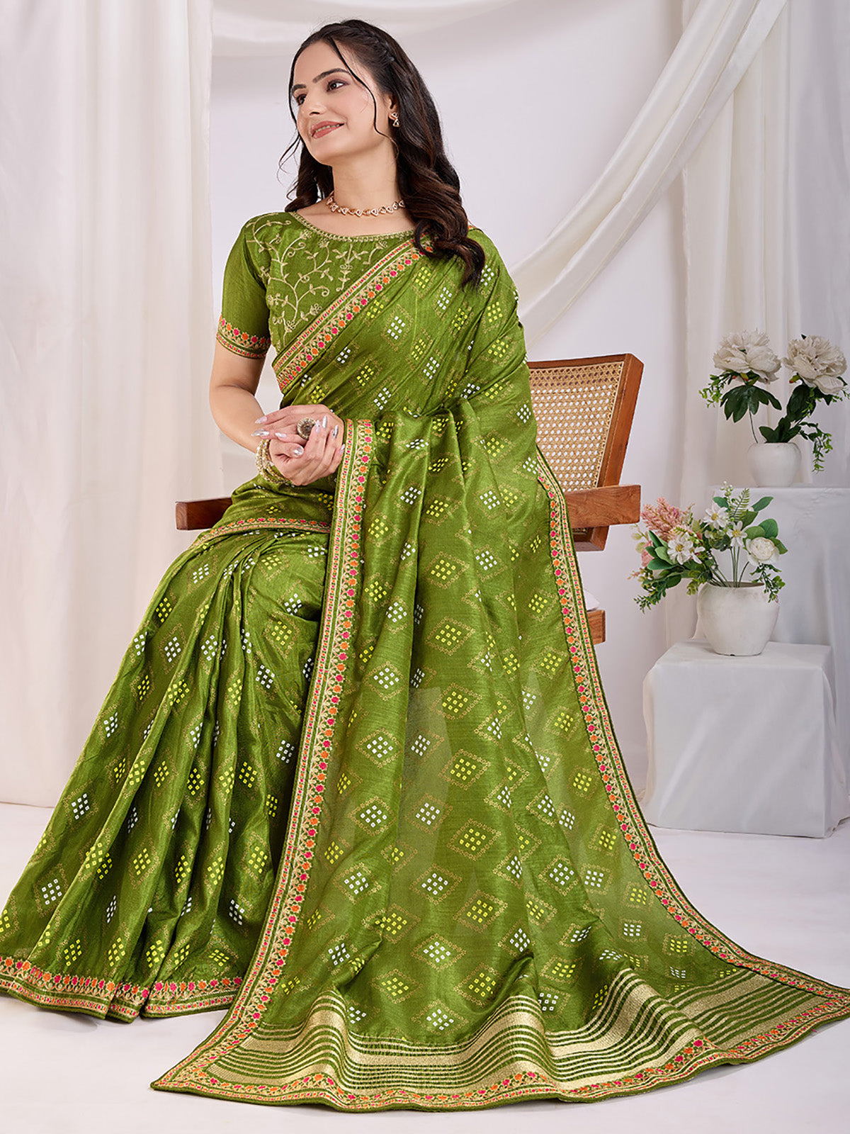 Precious Green Bandhej Printed Silk Mehendi Wear Saree
