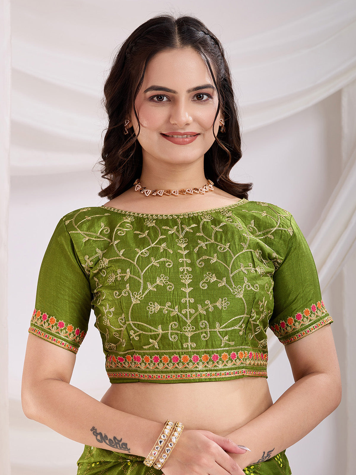 Precious Green Bandhej Printed Silk Mehendi Wear Saree
