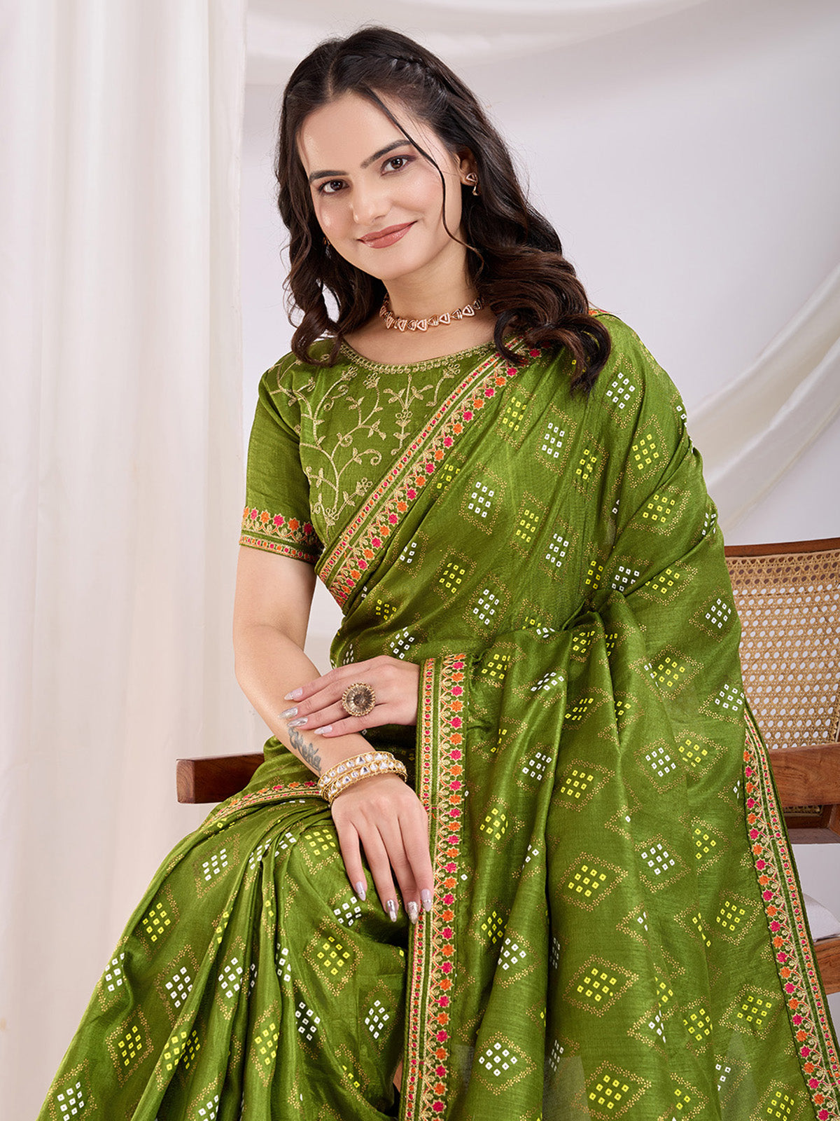 Precious Green Bandhej Printed Silk Mehendi Wear Saree
