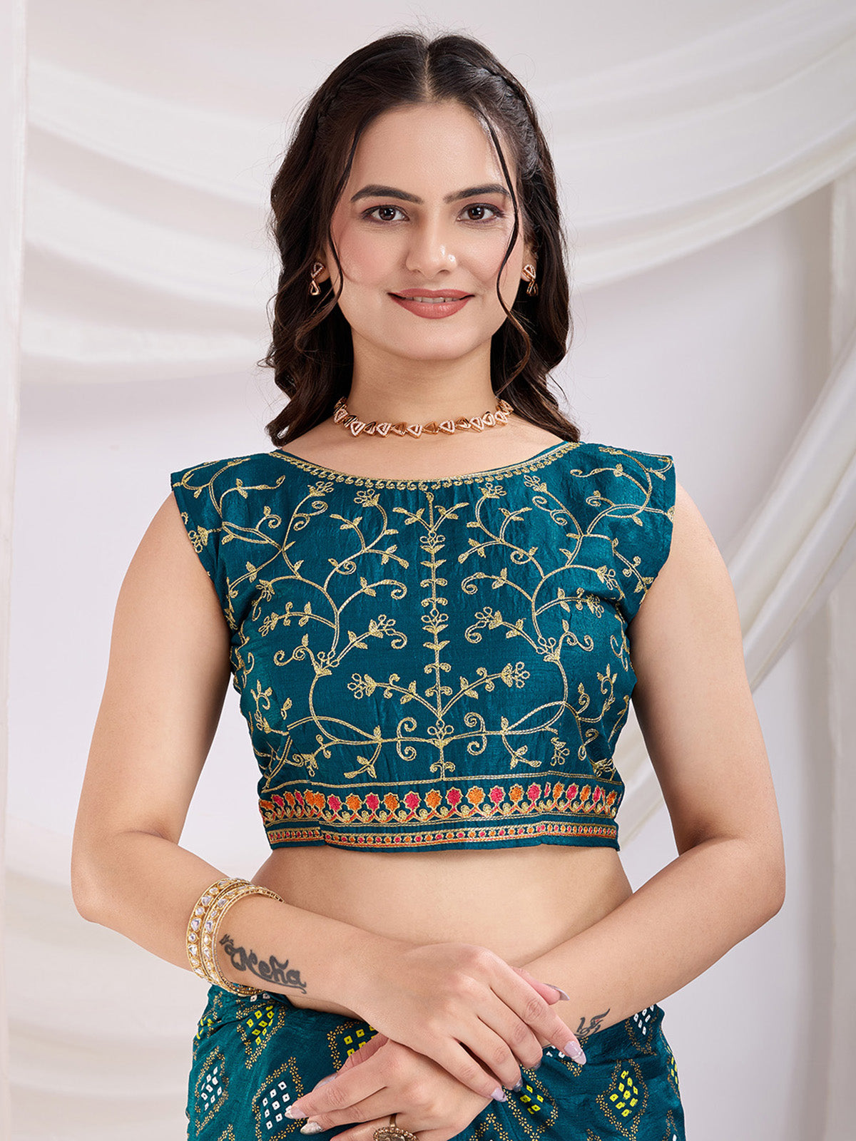 Alluring Teal Blue Bandhej Printed Silk Festive Wear Saree