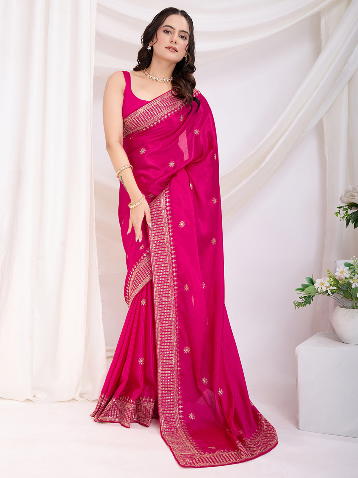 Gorgeous Hot Pink Heavy Zari Embroidered Chinon Silk Festive Wear Saree
