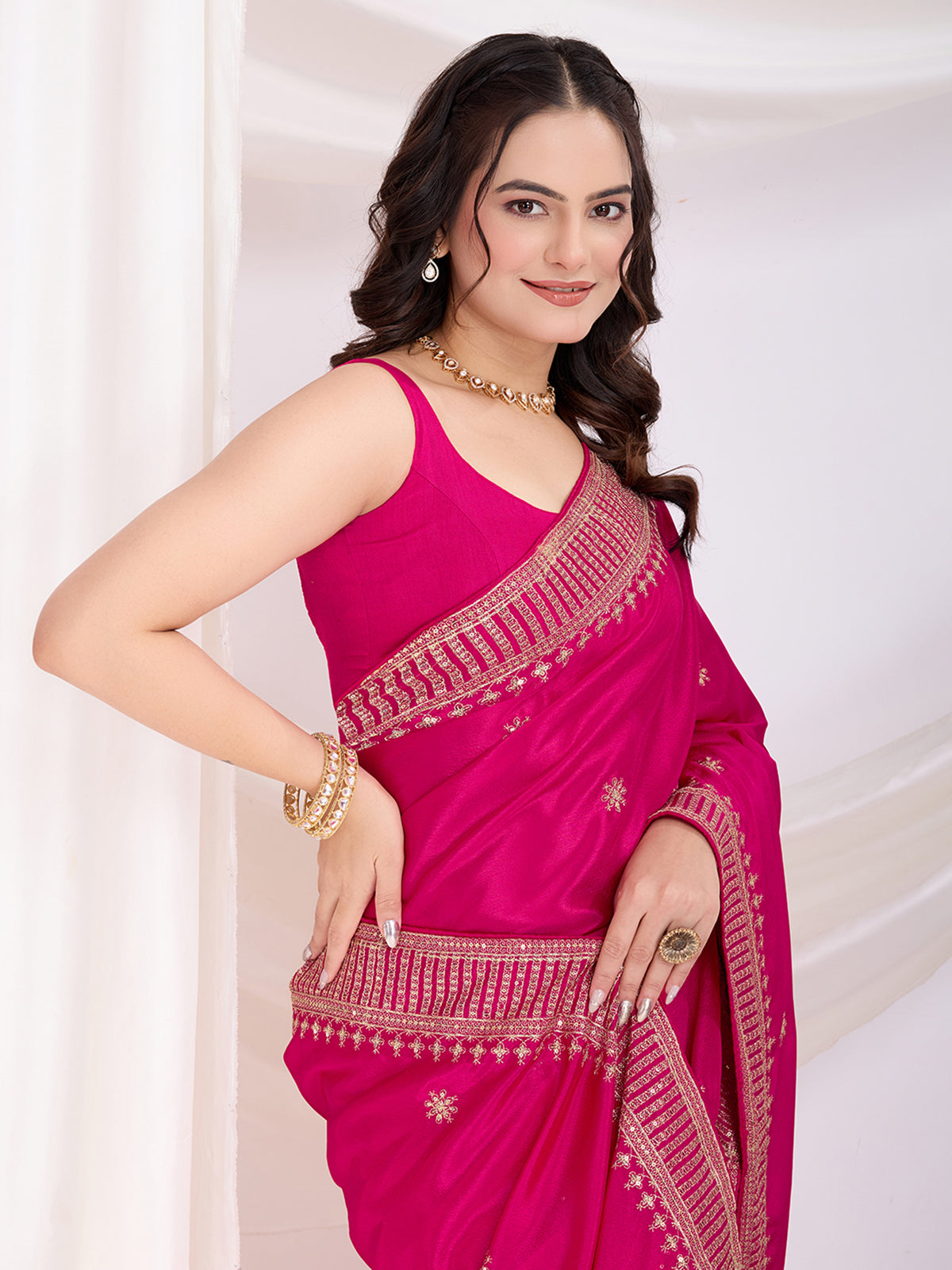 Gorgeous Hot Pink Heavy Zari Embroidered Chinon Silk Festive Wear Saree