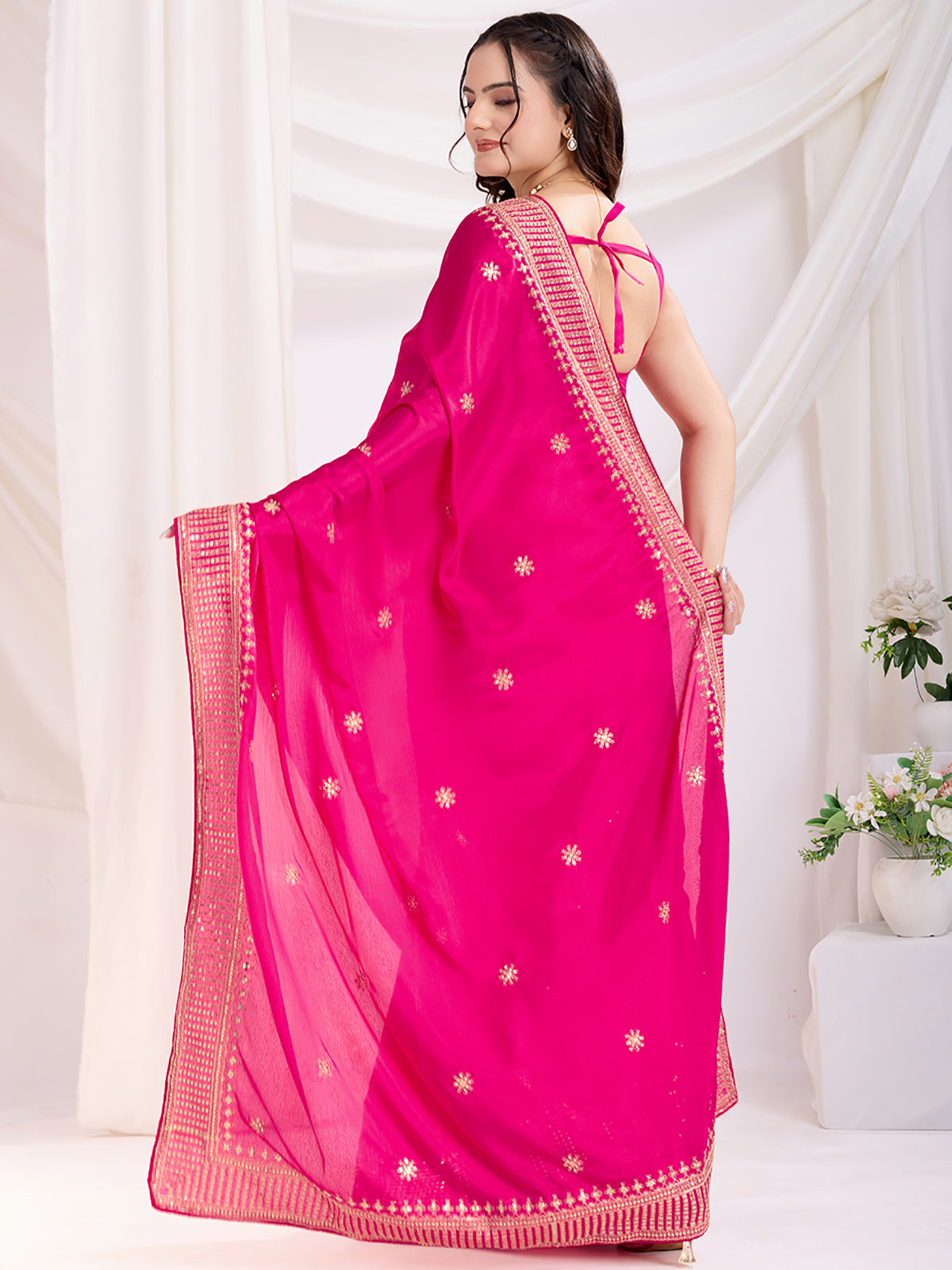 Gorgeous Hot Pink Heavy Zari Embroidered Chinon Silk Festive Wear Saree