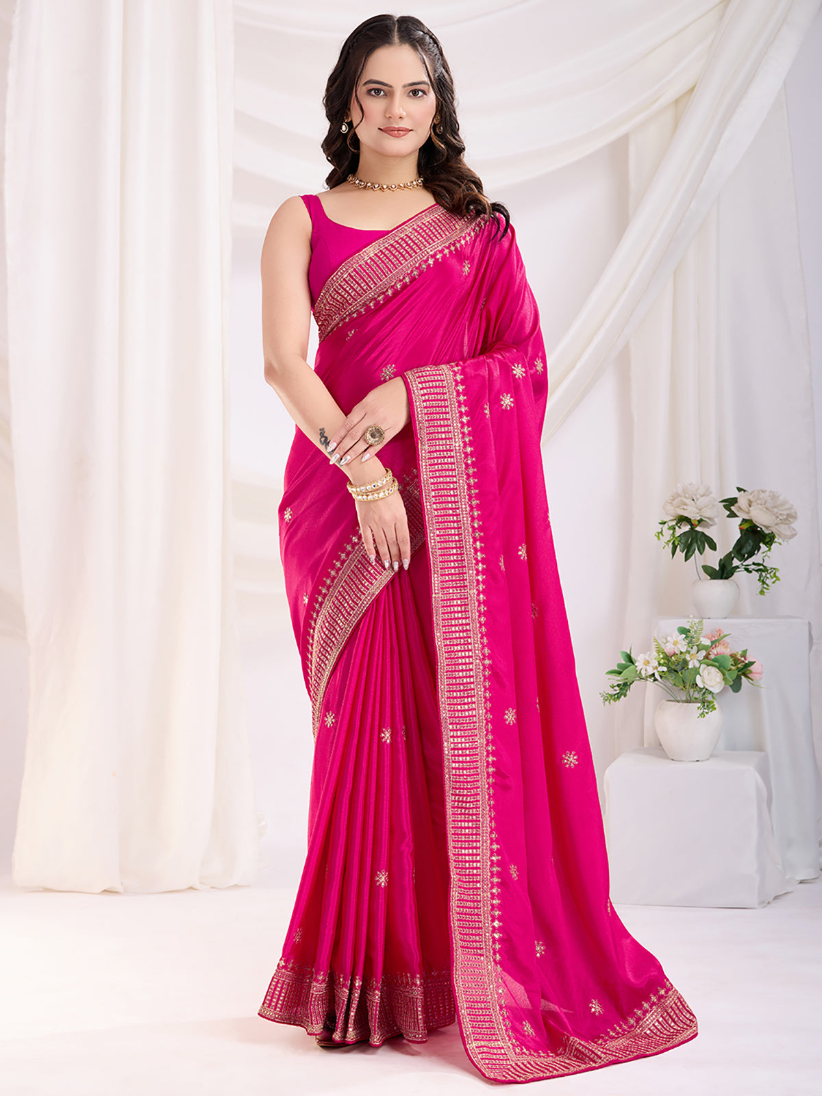 Gorgeous Hot Pink Heavy Zari Embroidered Chinon Silk Festive Wear Saree