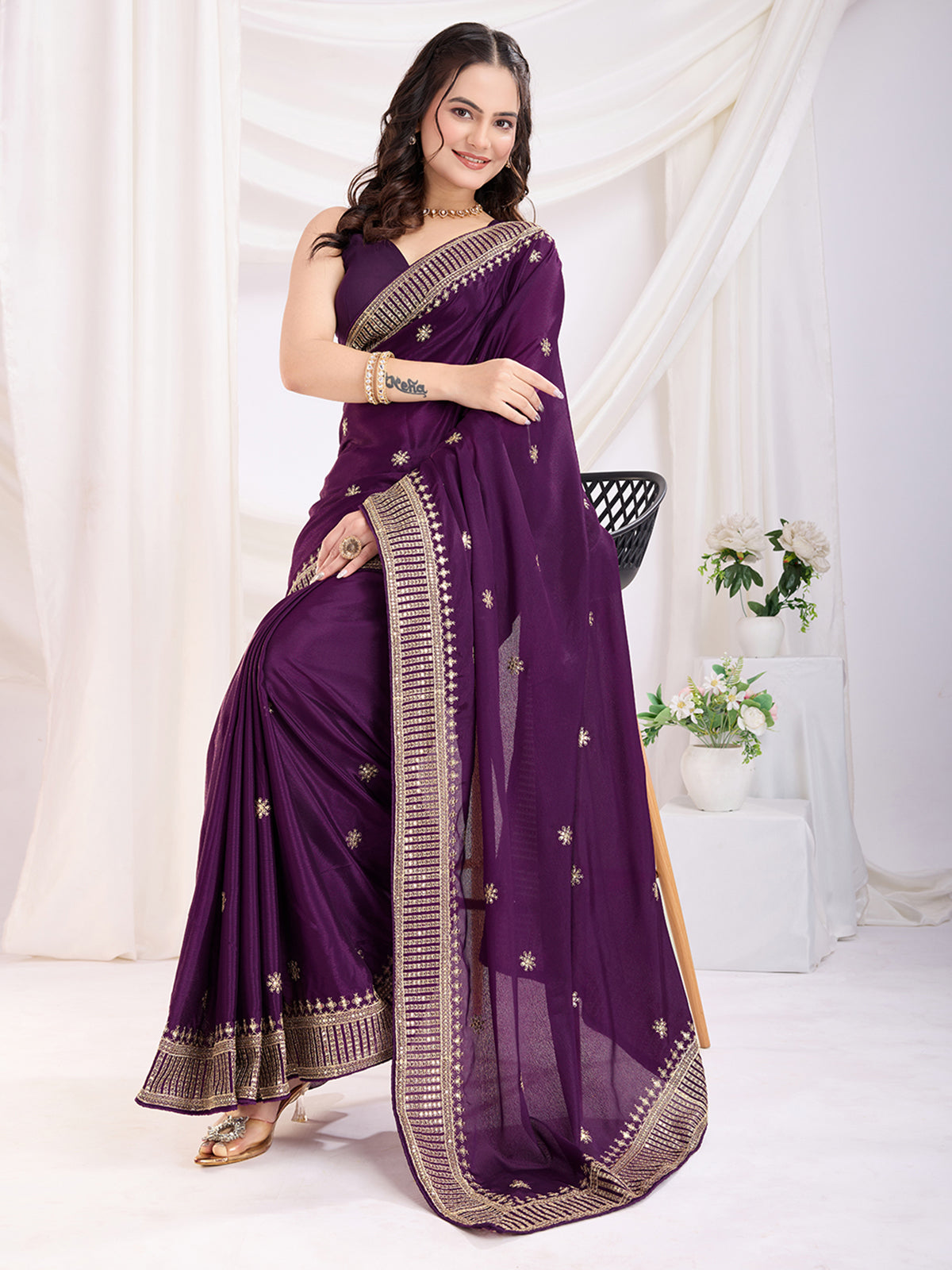 Fabulous Violet Heavy Zari Border Work Chinon Silk Engagement Wear Saree