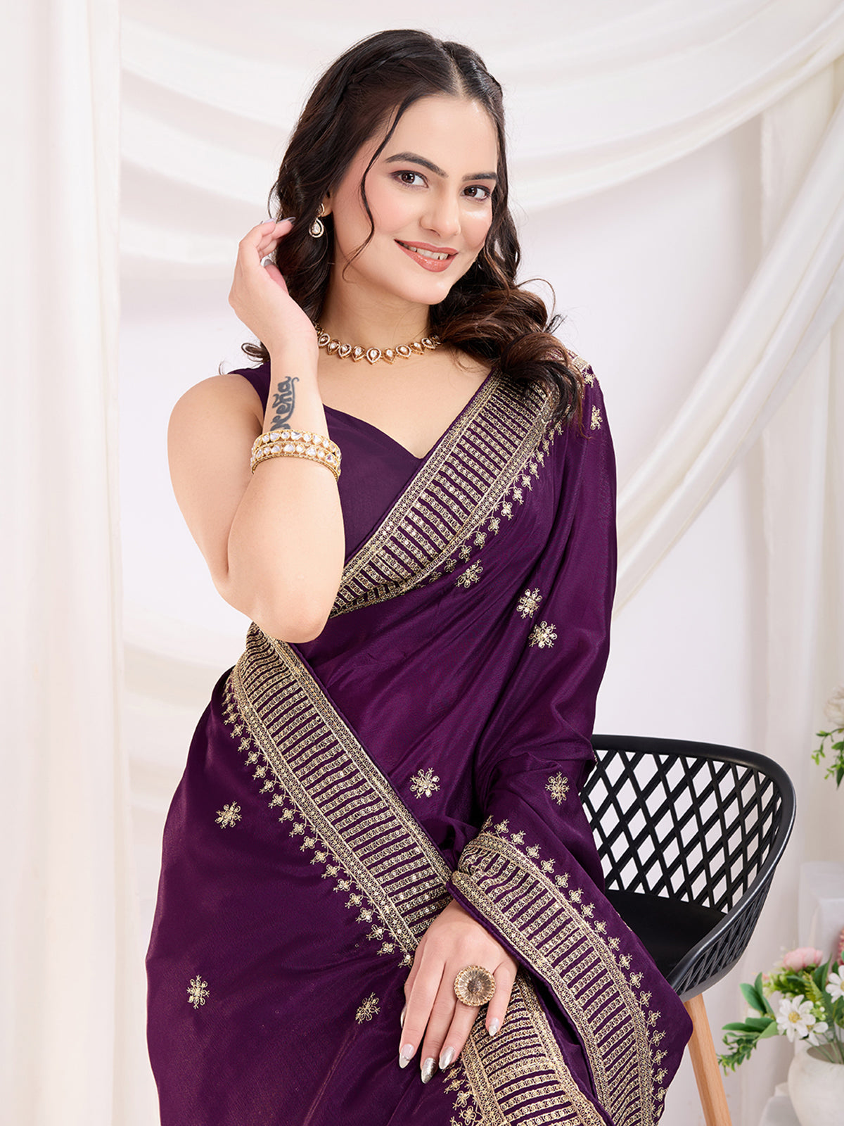 Fabulous Violet Heavy Zari Border Work Chinon Silk Engagement Wear Saree