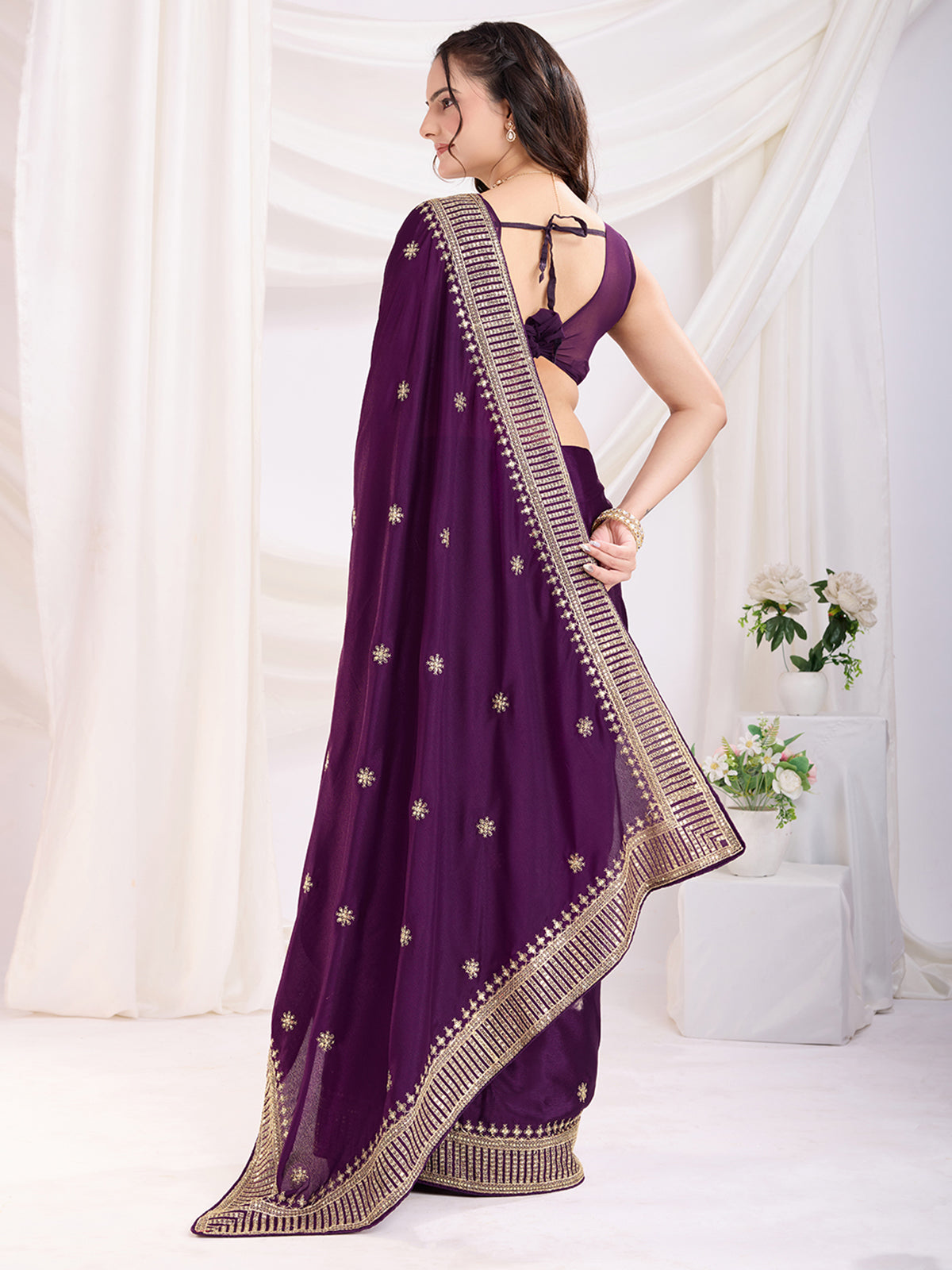 Fabulous Violet Heavy Zari Border Work Chinon Silk Engagement Wear Saree