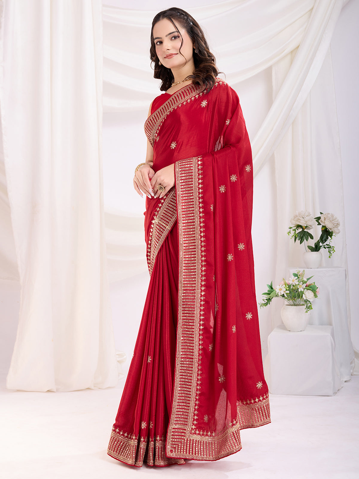 Incredible Red Heavy Zari Border Work Chinon Silk Bridal Saree
