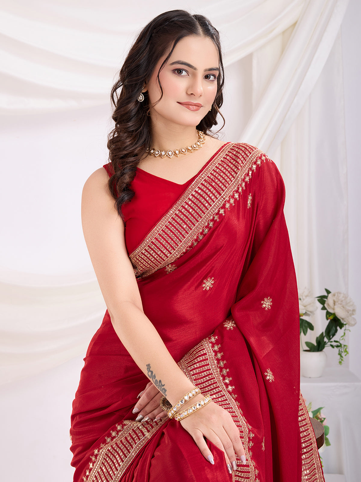 Incredible Red Heavy Zari Border Work Chinon Silk Bridal Saree