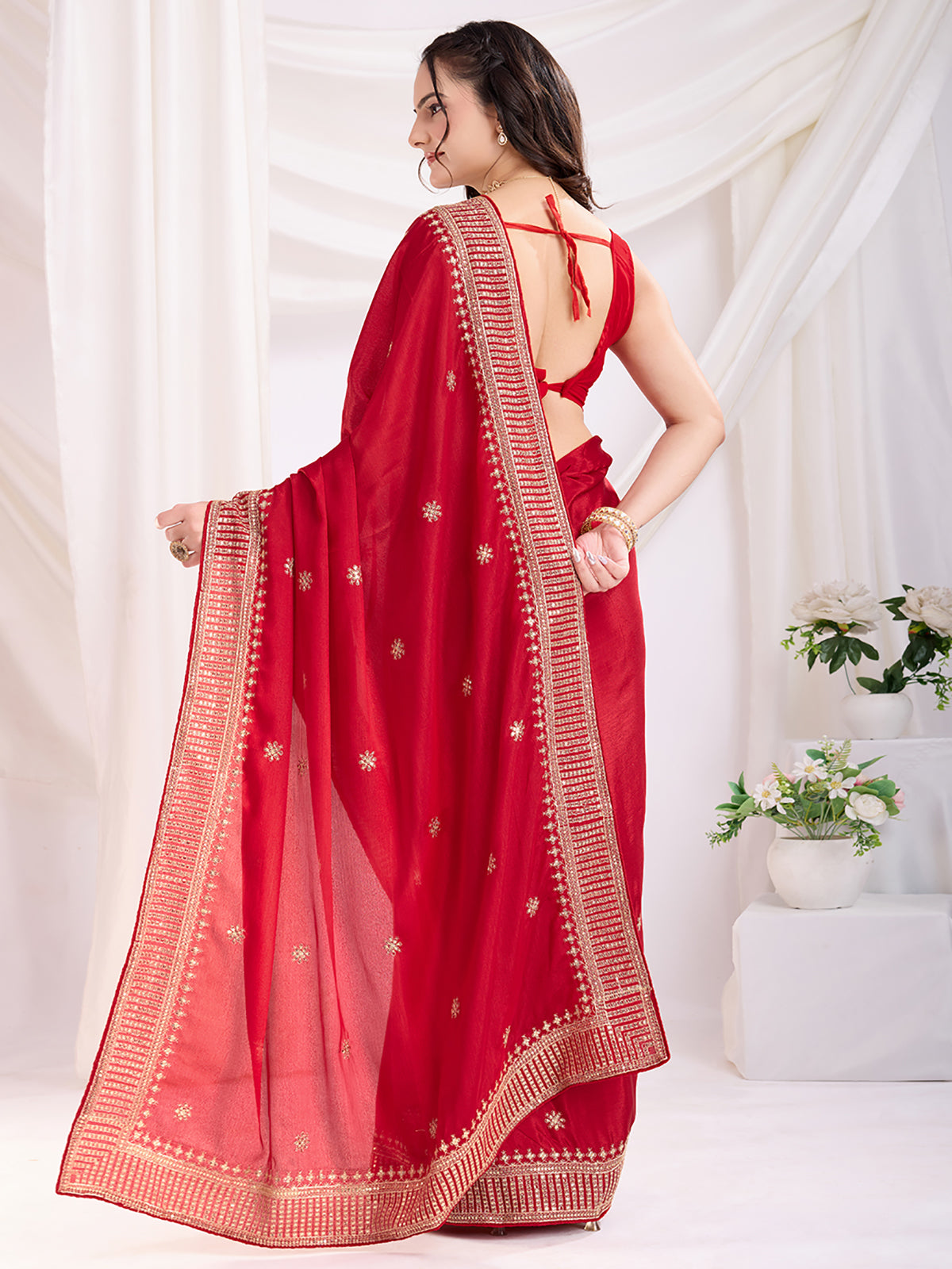 Incredible Red Heavy Zari Border Work Chinon Silk Bridal Saree