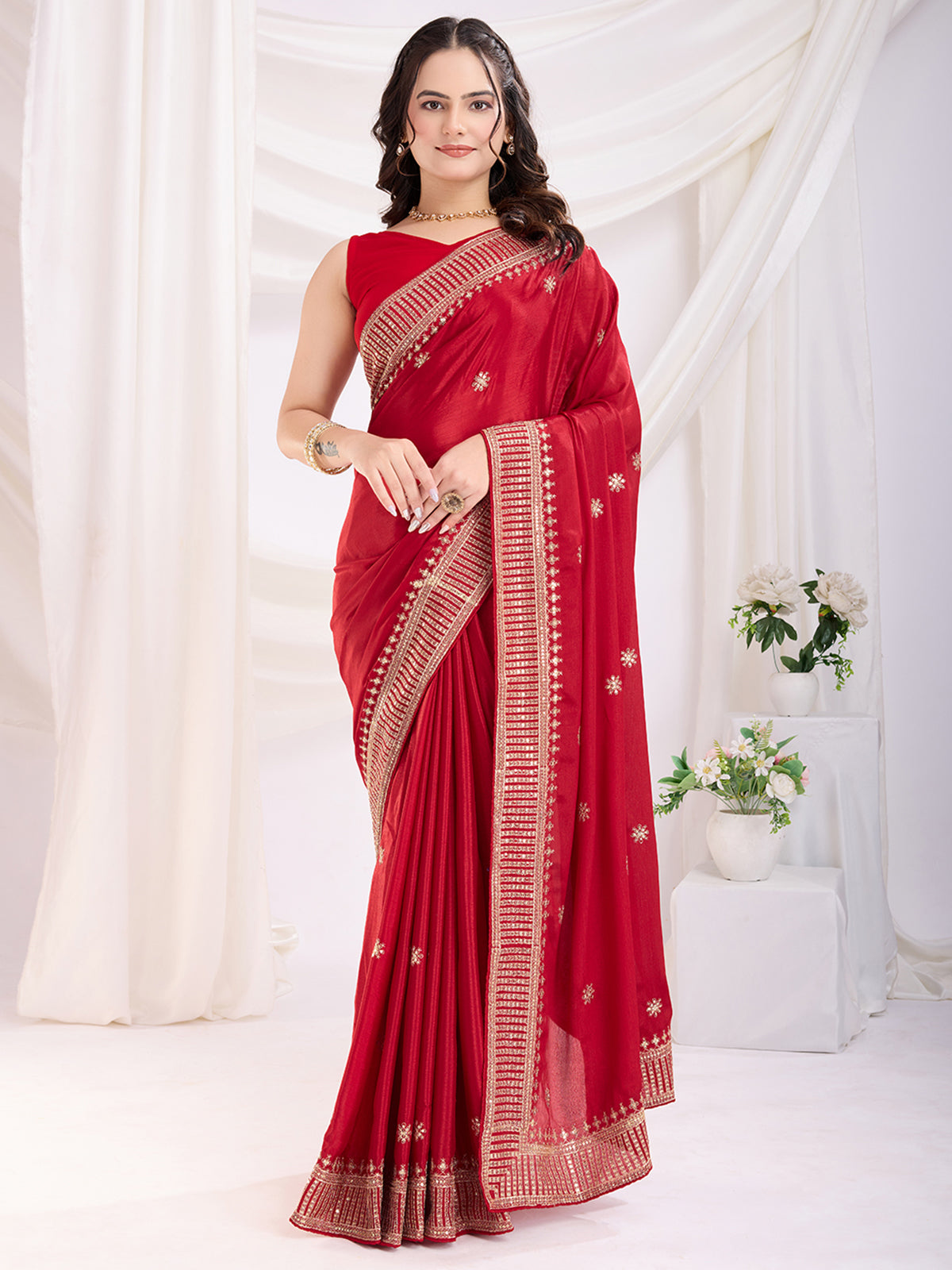 Incredible Red Heavy Zari Border Work Chinon Silk Bridal Saree