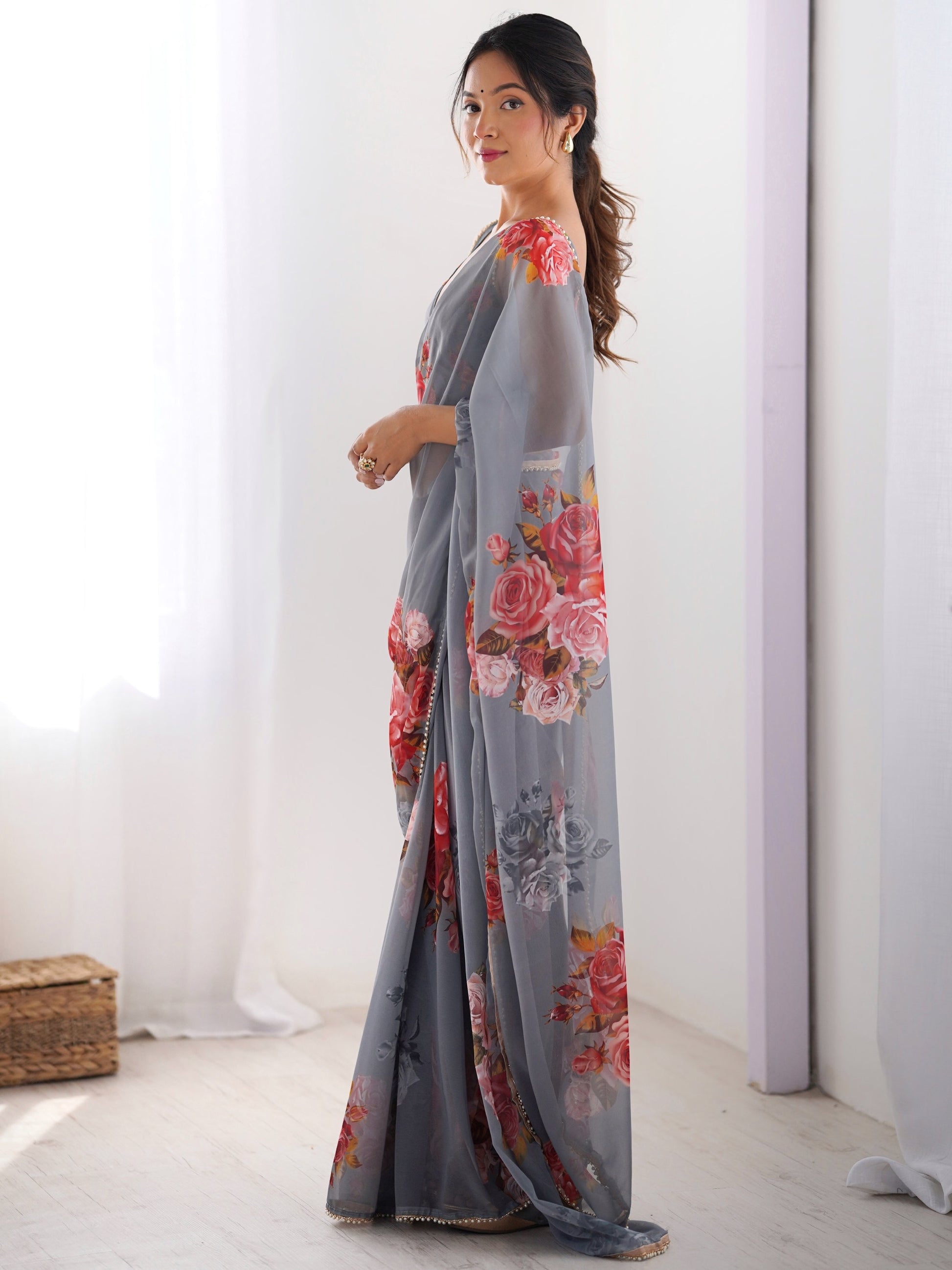 Spectacular Grey Floral Printed Georgette Traditional Wear Saree With Blouse
