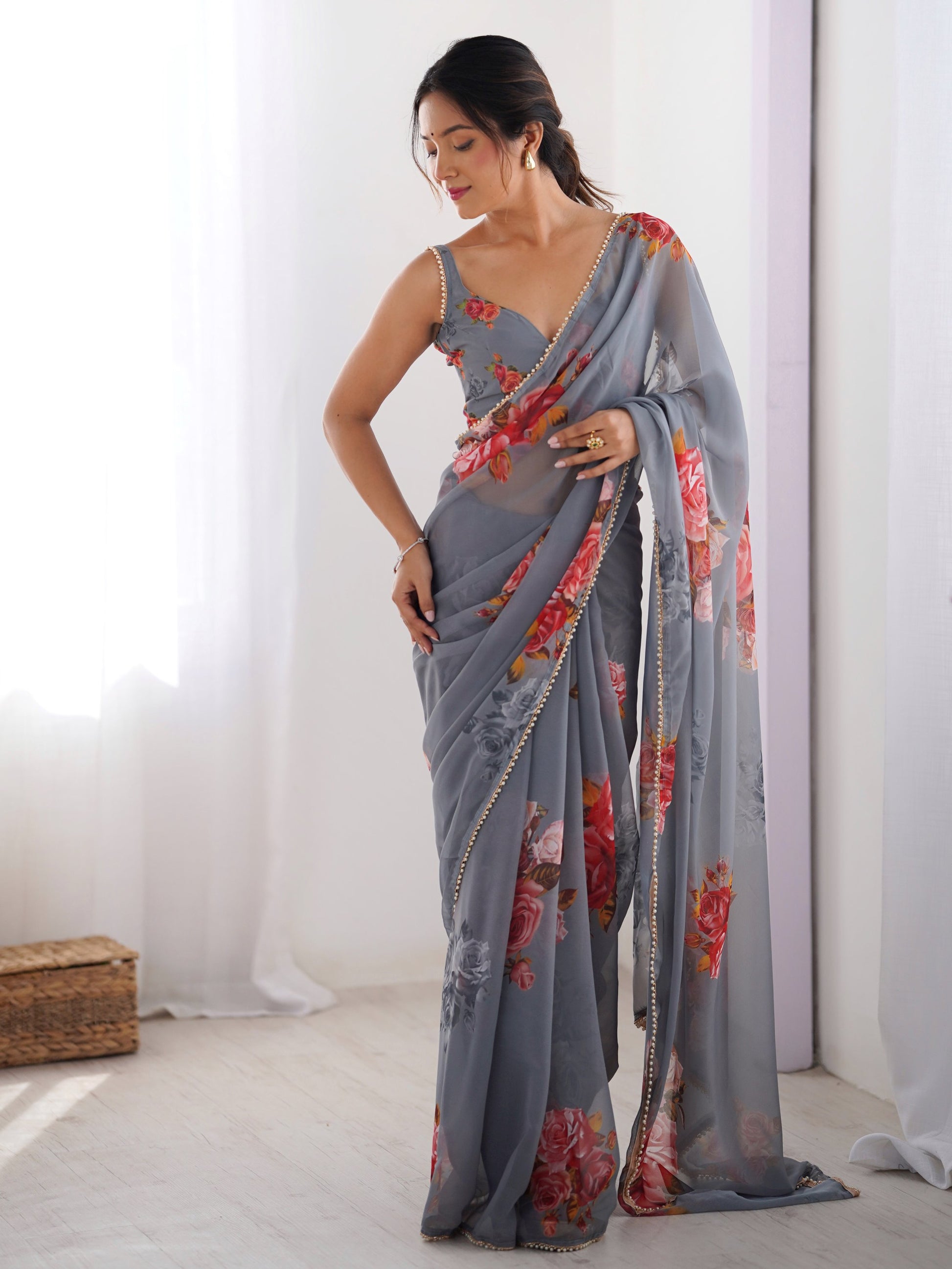 Spectacular Grey Floral Printed Georgette Traditional Wear Saree With Blouse