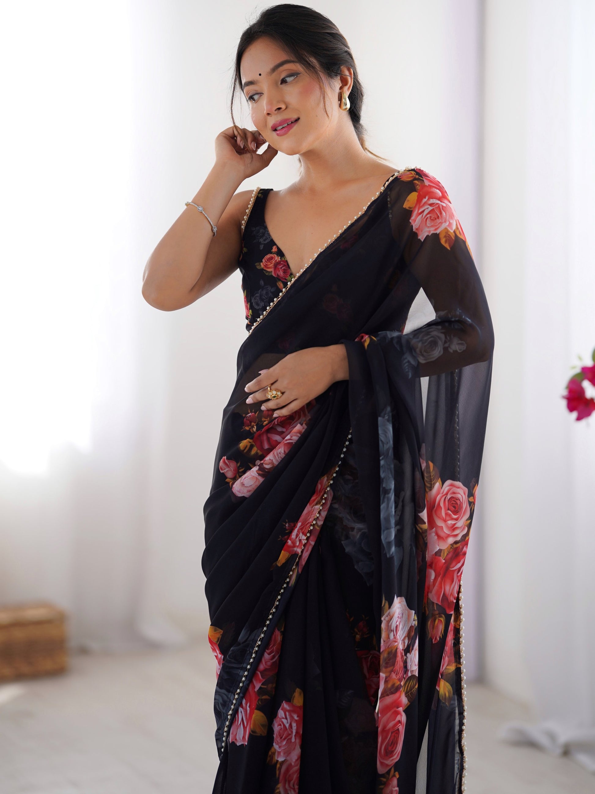 Dazzling Black Floral Printed Georgette Party Wear Saree With Blouse
