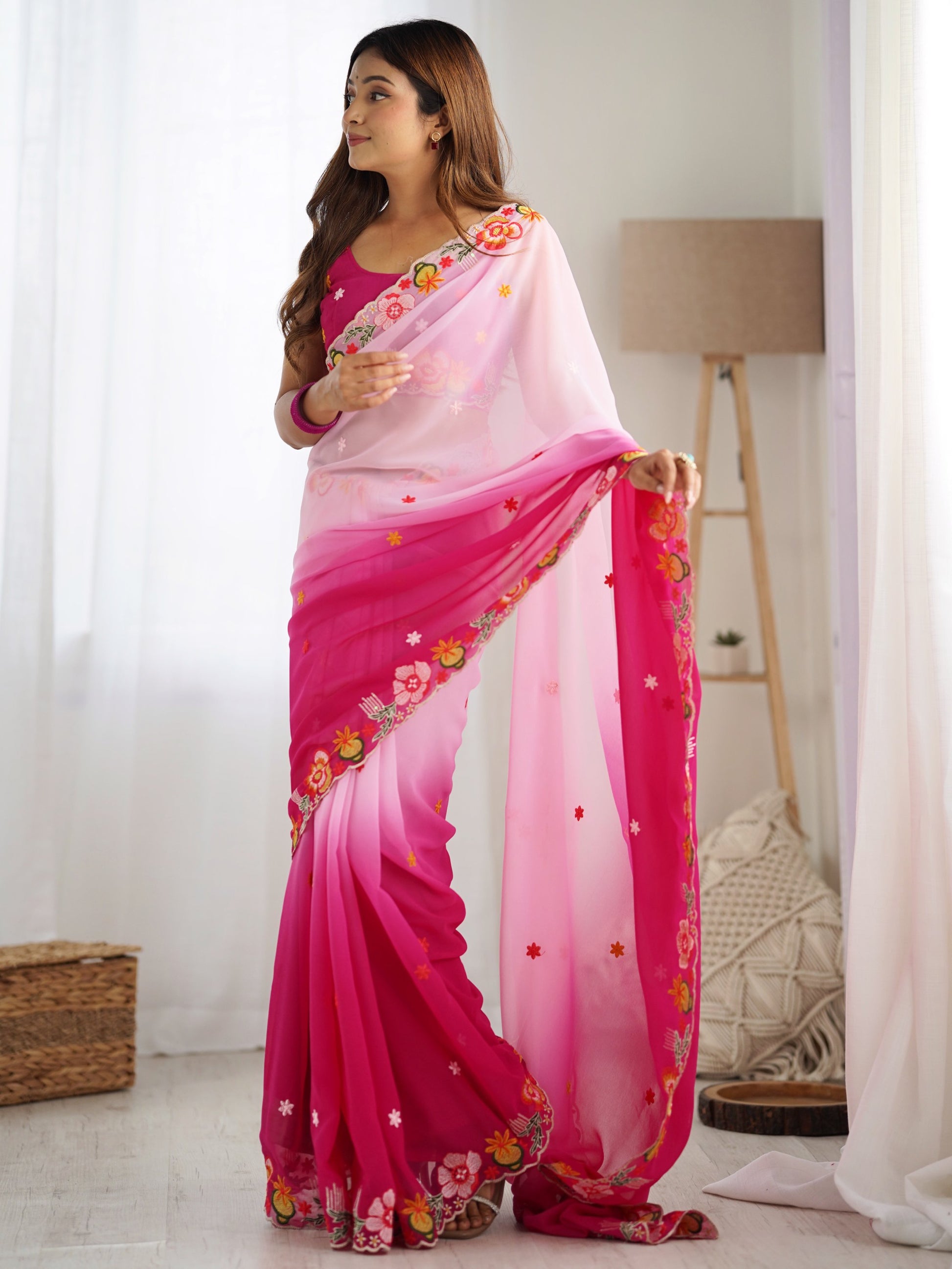 Alluring Pink Thread Embroidered Georgette Saree With Blouse