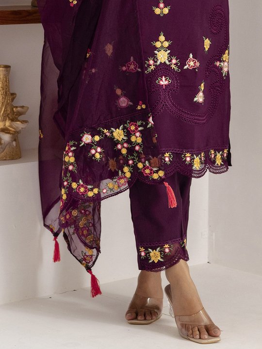 Gorgeous Purple Thread Work Viscose Silk Festive Wear Pant Suit