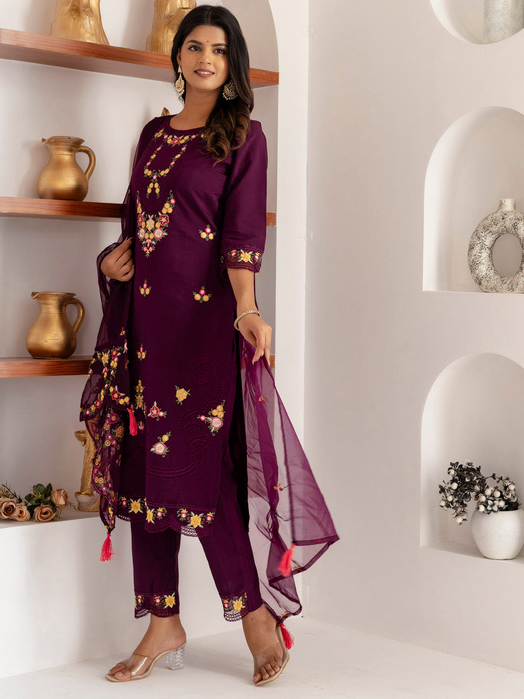 Gorgeous Purple Thread Work Viscose Silk Festive Wear Pant Suit