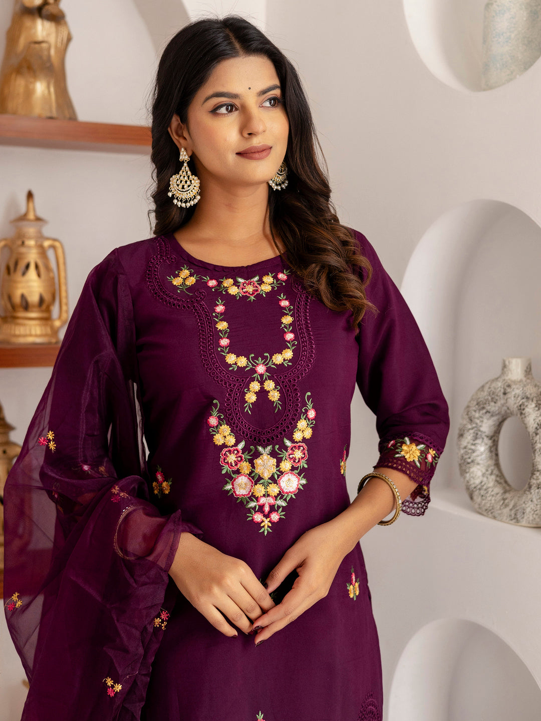 Gorgeous Purple Thread Work Viscose Silk Festive Wear Pant Suit