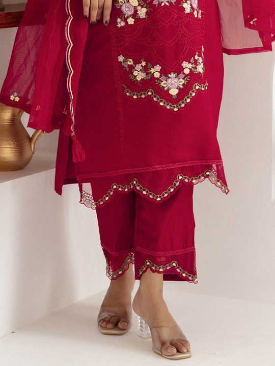 Fascinating Red Thread Work Viscose Silk Traditional Pant Suit With Dupatta