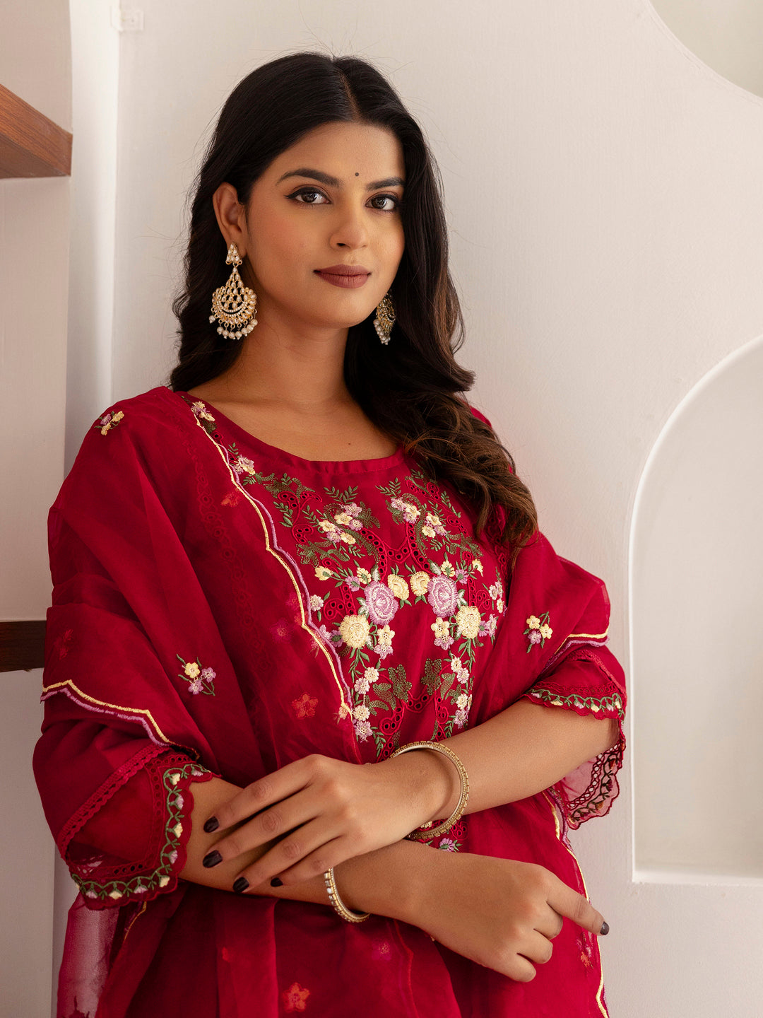 Fascinating Red Thread Work Viscose Silk Traditional Pant Suit With Dupatta