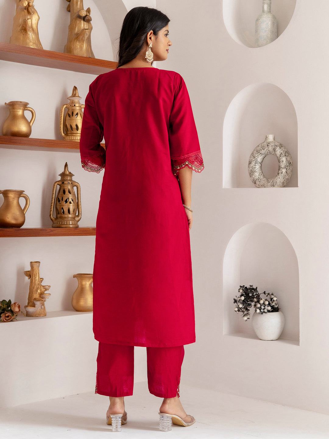 Fascinating Red Thread Work Viscose Silk Traditional Pant Suit With Dupatta