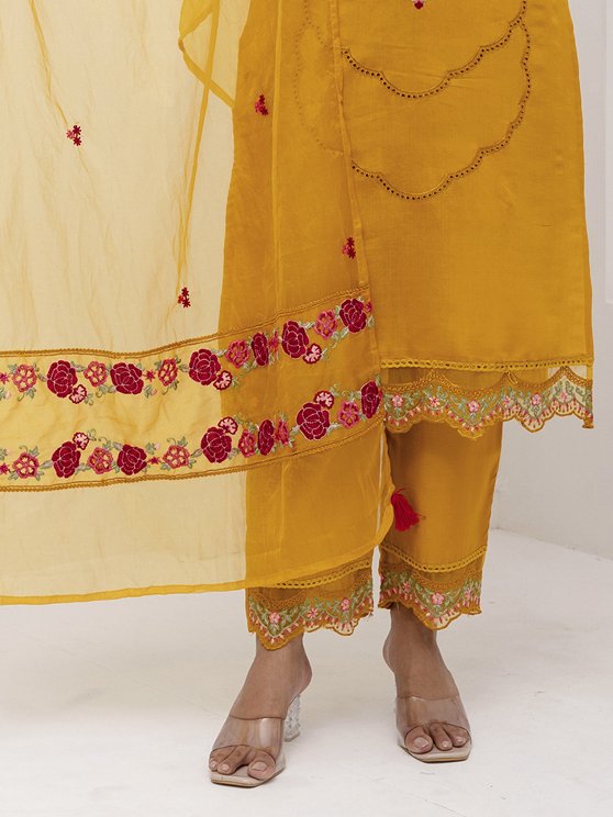 Bewitching Yellow Thread Embroidered Viscose Silk Haldi Wear Pant Suit