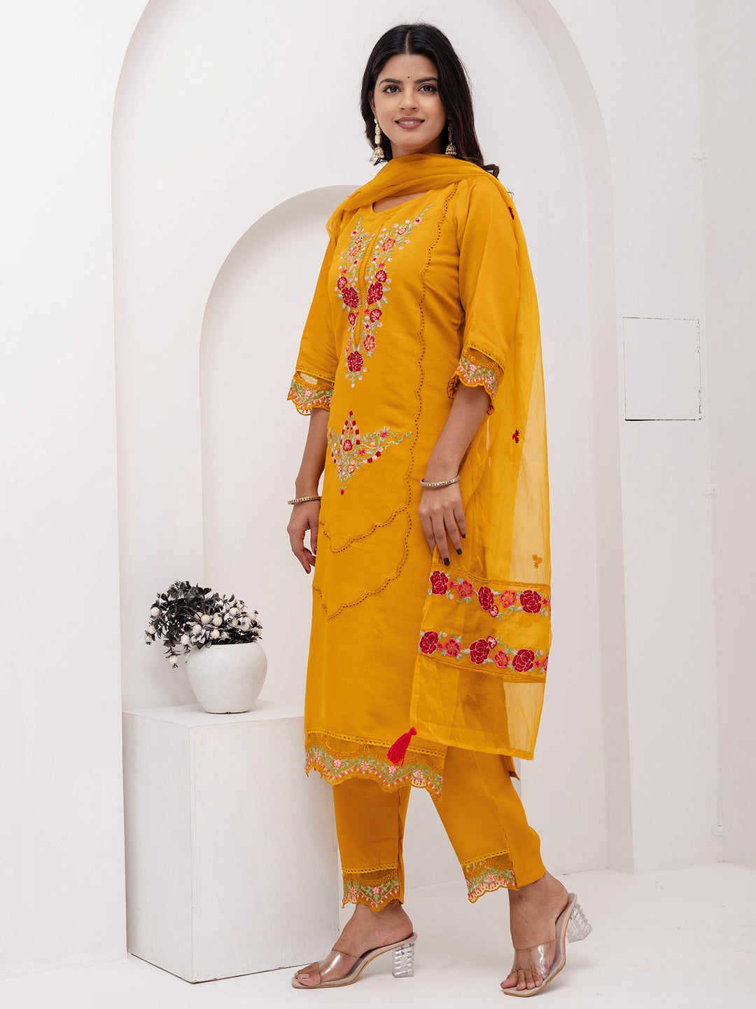Bewitching Yellow Thread Embroidered Viscose Silk Haldi Wear Pant Suit