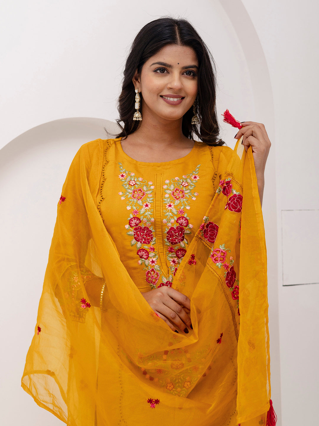 Bewitching Yellow Thread Embroidered Viscose Silk Haldi Wear Pant Suit