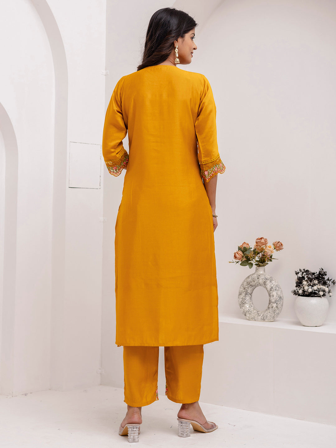 Bewitching Yellow Thread Embroidered Viscose Silk Haldi Wear Pant Suit