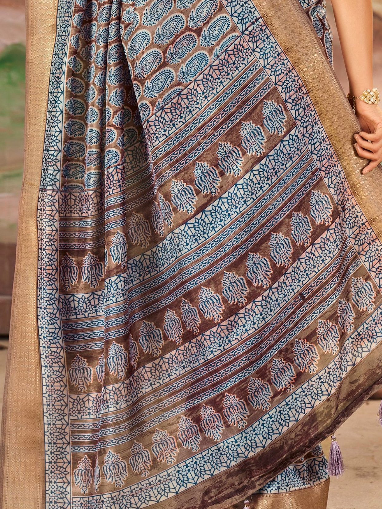 Attractive Brown Printed Dola Silk Casual Wear Saree With Blouse