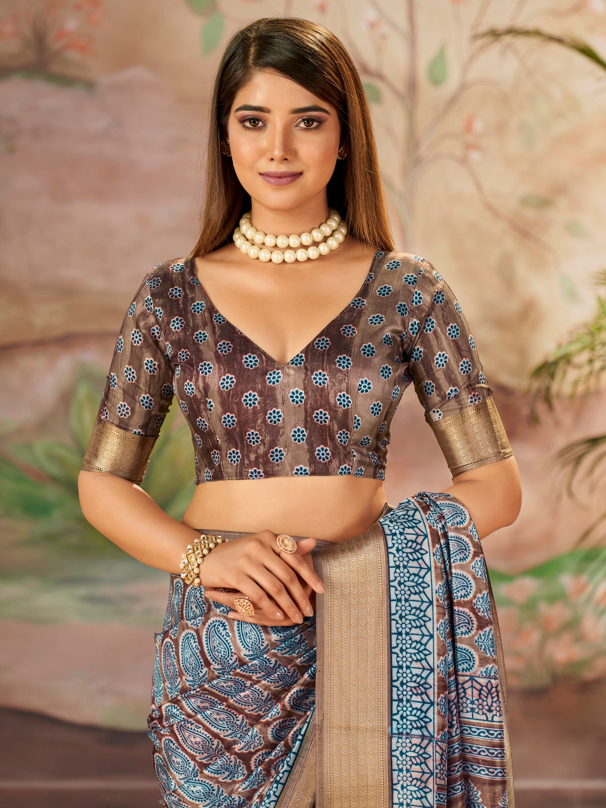 Attractive Brown Printed Dola Silk Casual Wear Saree With Blouse