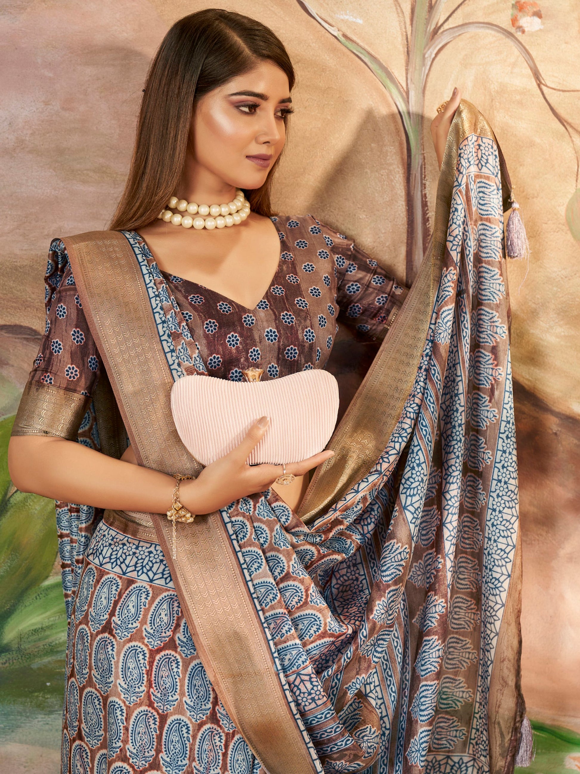 Attractive Brown Printed Dola Silk Casual Wear Saree With Blouse