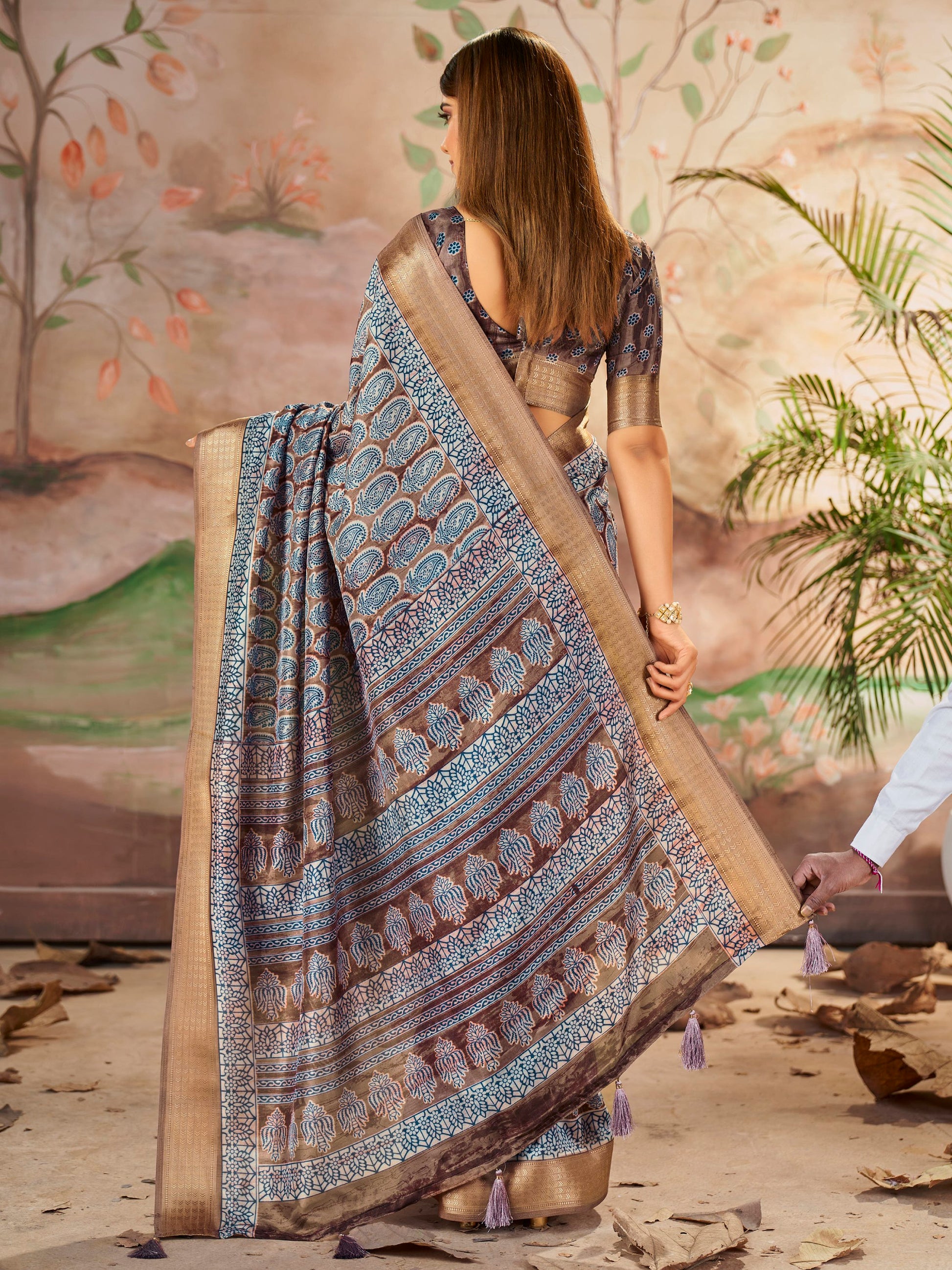Attractive Brown Printed Dola Silk Casual Wear Saree With Blouse