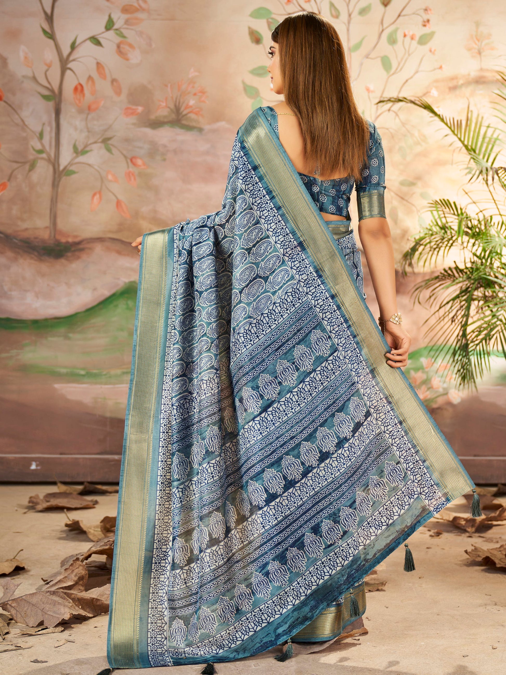 Alluring Slate Grey Digital Printed Dola Silk Office Wear Saree With Blouse