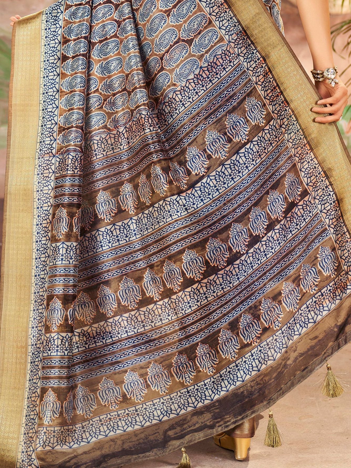 Beautiful Dull Brown Digital Printed Dola Silk Saree With Blouse