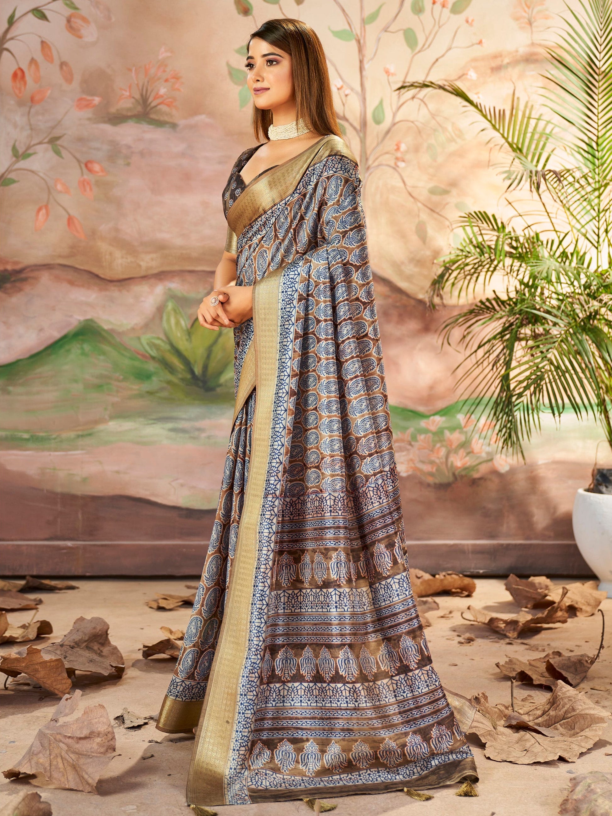 Beautiful Dull Brown Digital Printed Dola Silk Saree With Blouse