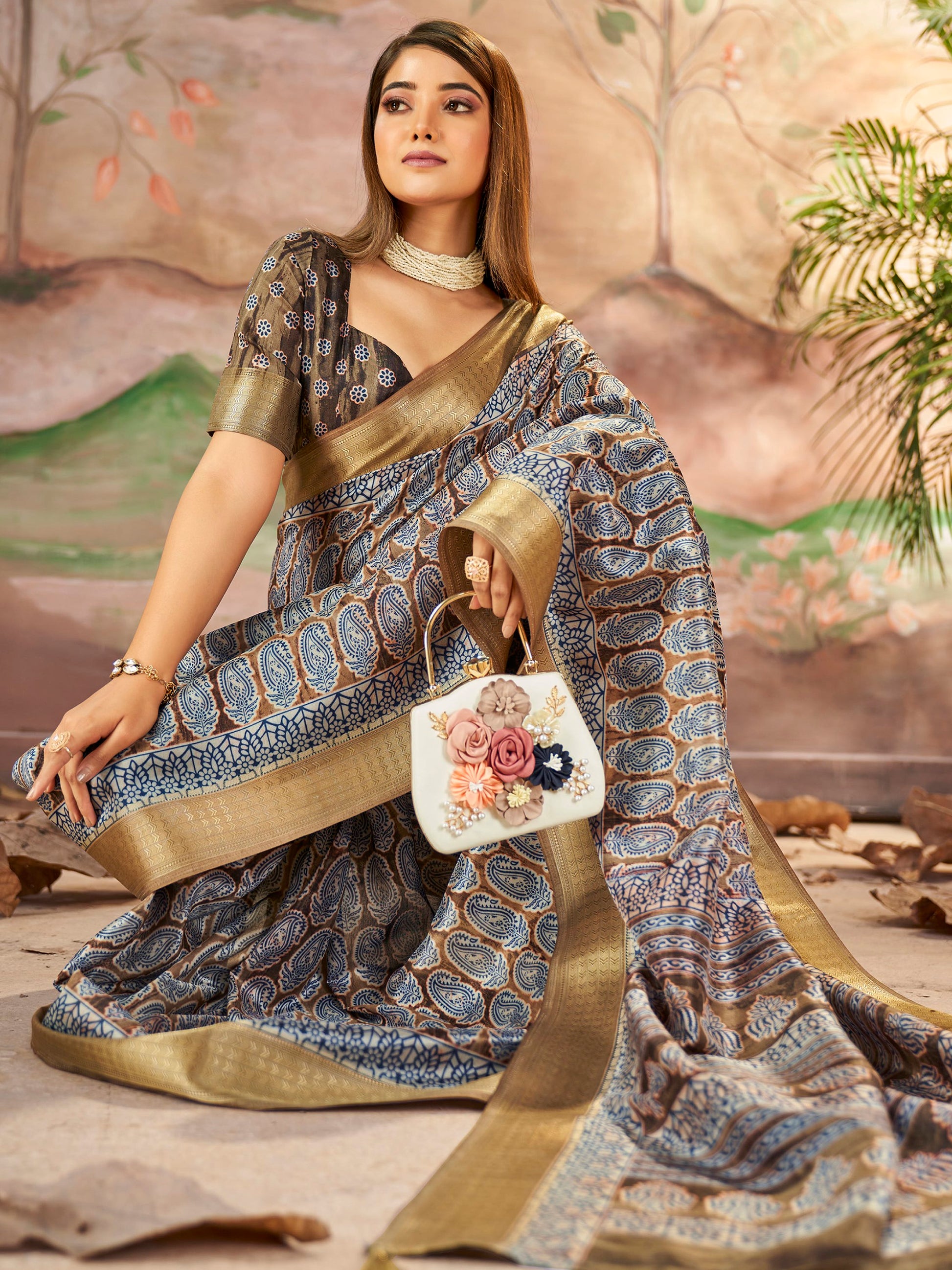 Beautiful Dull Brown Digital Printed Dola Silk Saree With Blouse