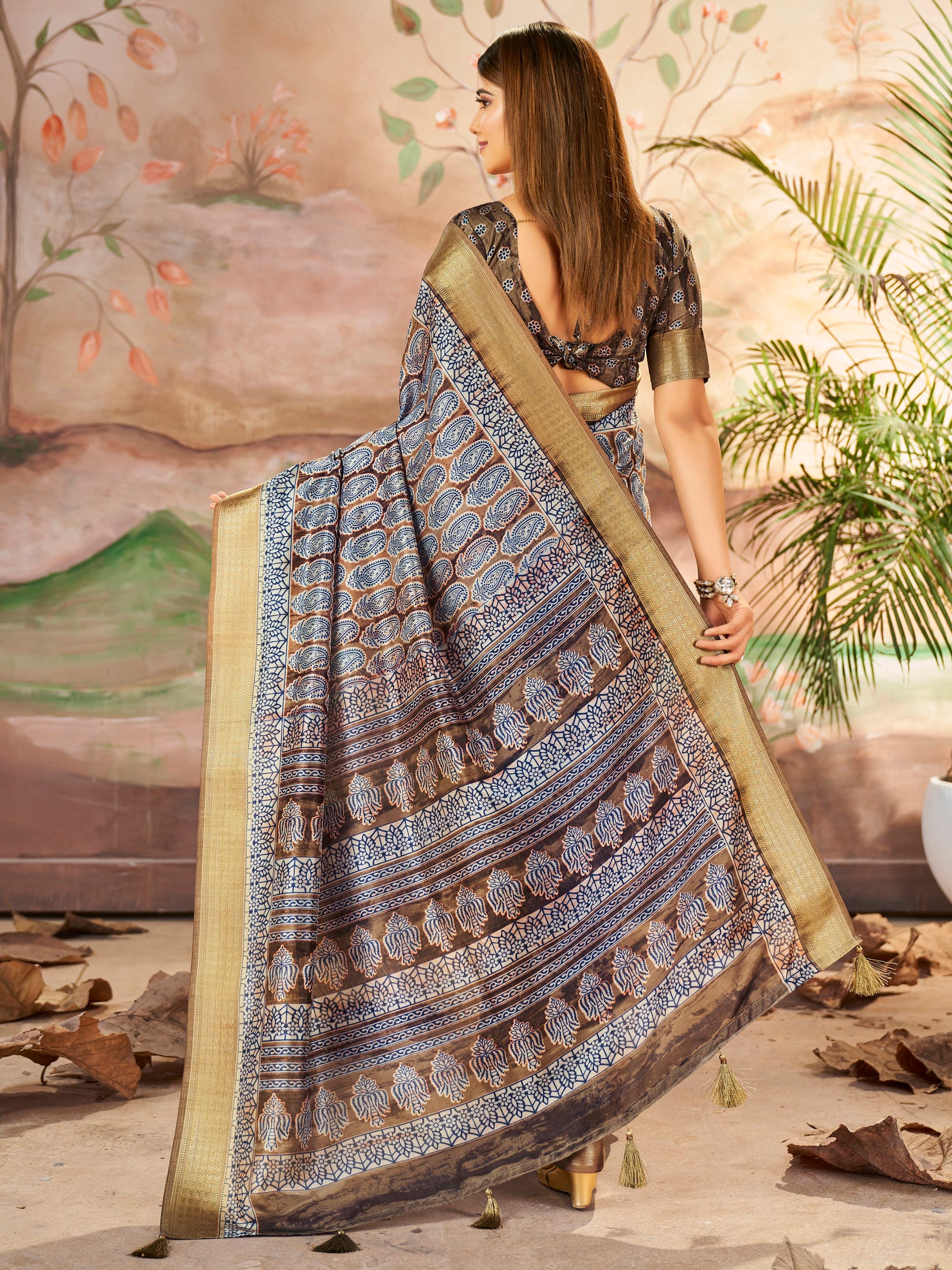 Beautiful Dull Brown Digital Printed Dola Silk Saree With Blouse