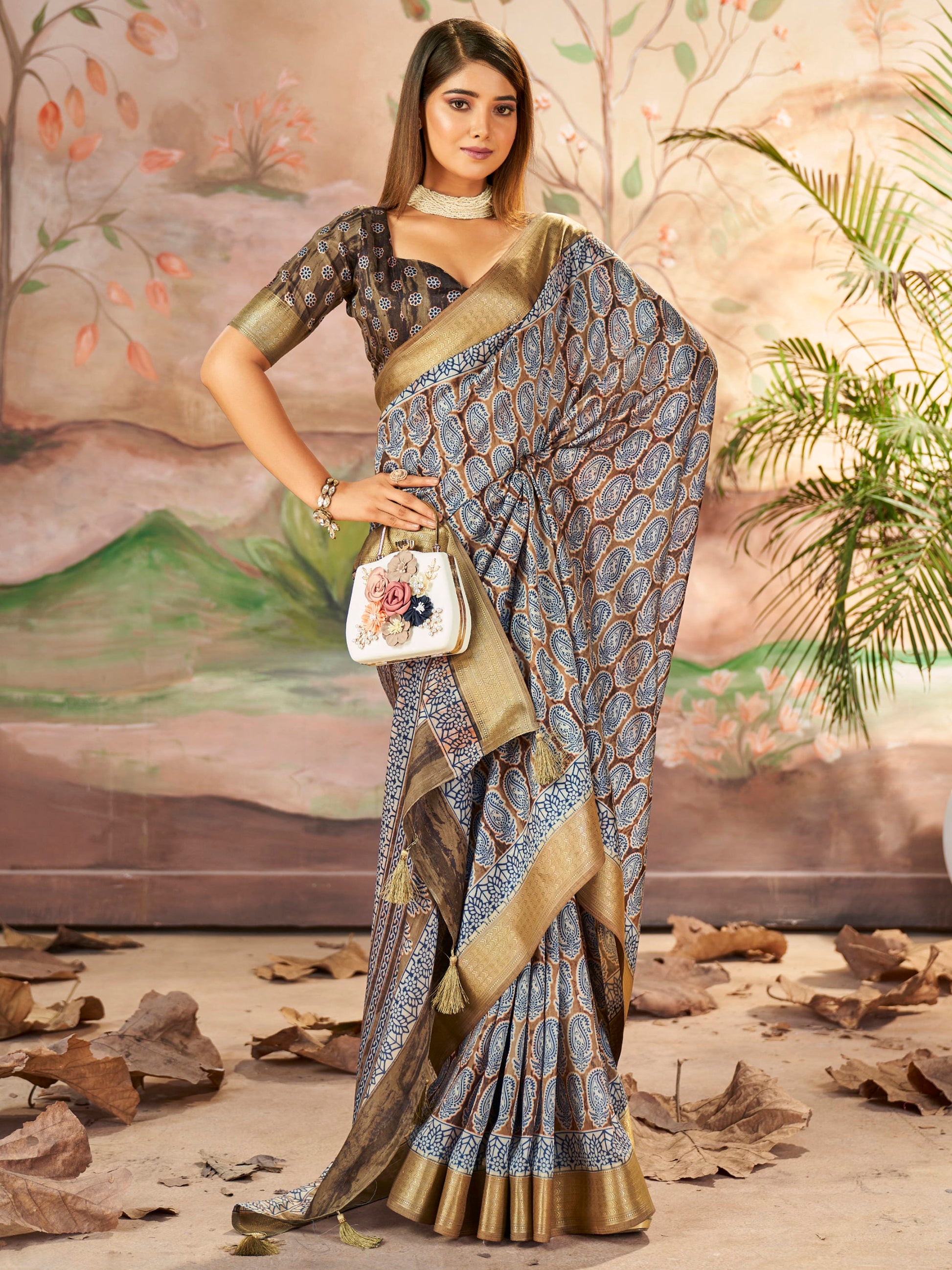 Beautiful Dull Brown Digital Printed Dola Silk Saree With Blouse