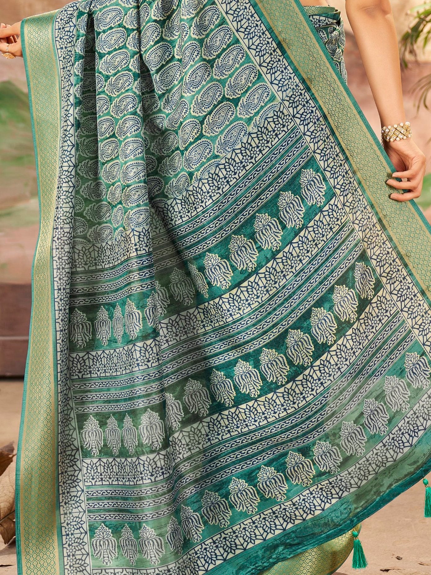 Incredible Mineral Green Printed Dola Silk Festive Wear Saree With Blouse