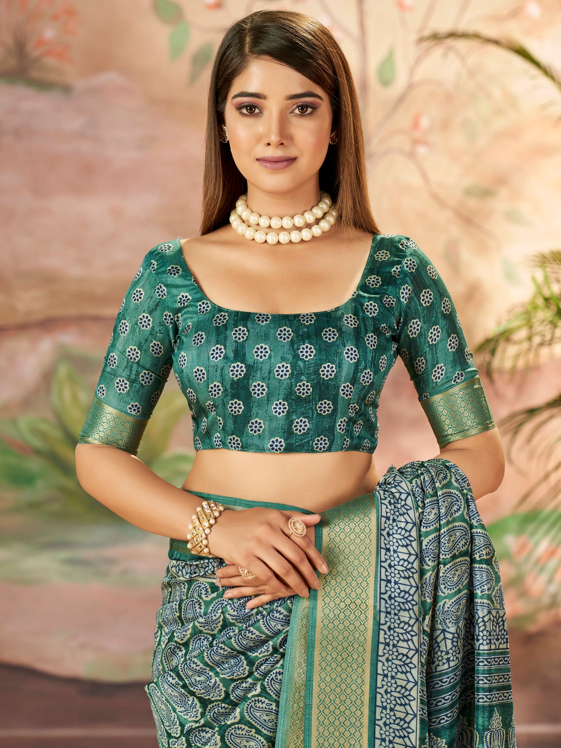 Incredible Mineral Green Printed Dola Silk Festive Wear Saree With Blouse